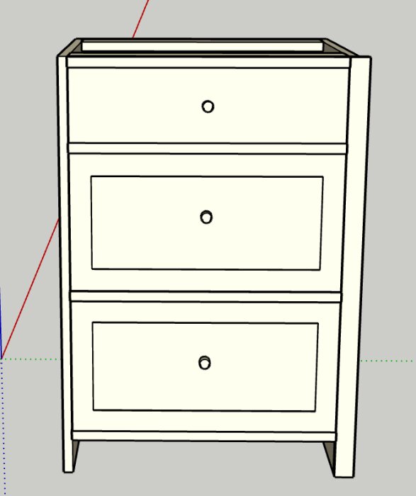 3D-ritning av en köksmodul med tre infällda lådor i klassisk stil, del av ett projekt att bygga ett kök i massivt trä.