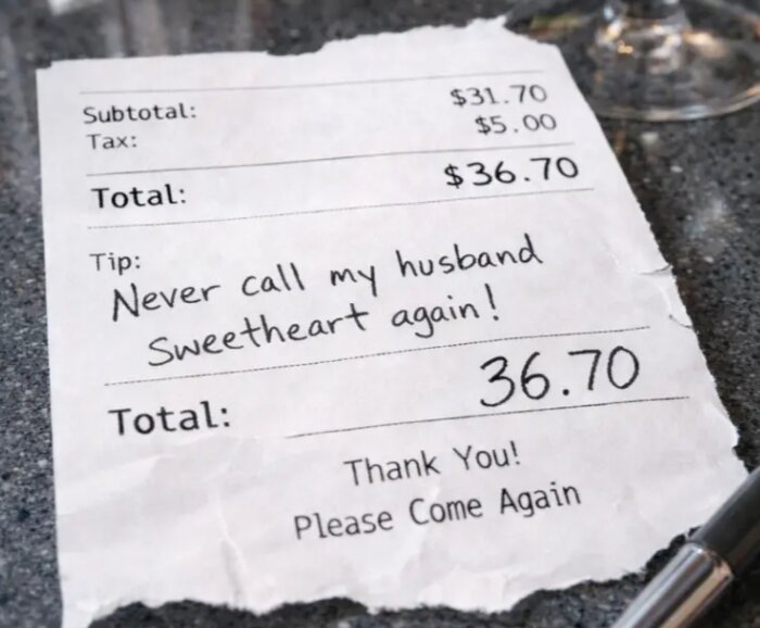 En restaurangnota med handskriven text "Never call my husband sweetheart again!" som tips. Totalbelopp $36.70.