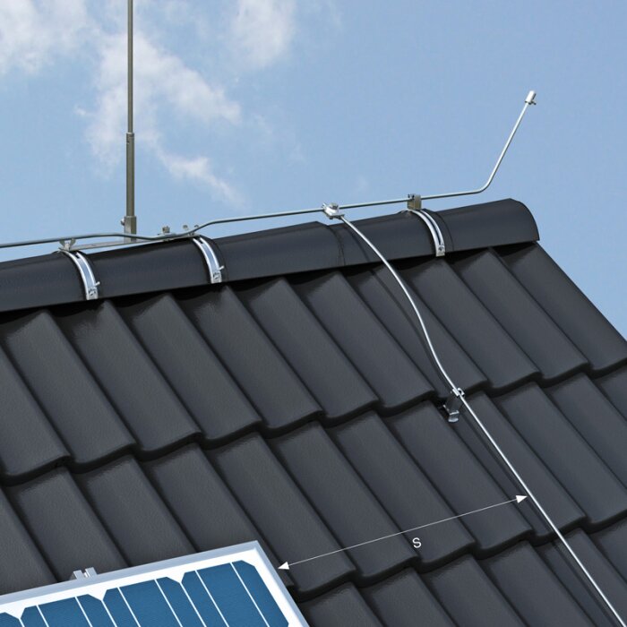Solcellsinstallation med åskskydd på tak, ledningarna är monterade längs takets kant med ett avstånd markerat som "S".