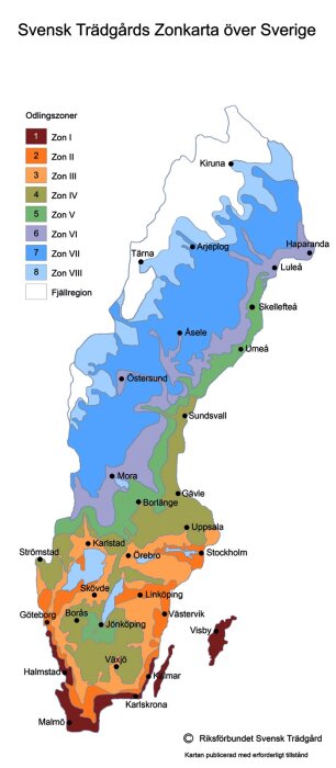 Karta över trädgårdszoner i Sverige, indelad i färgkodade odlingszoner I-VIII, med städer markerade.