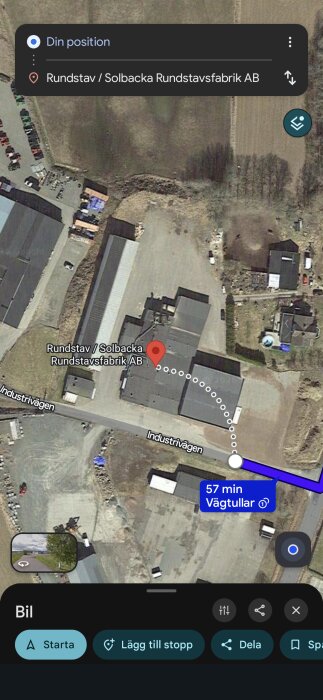 Satellitbild av Rundstav/Solbacka Rundstfabrik AB med en röd platsmarkör och en vägmarkerad rutt på Industrivägen.