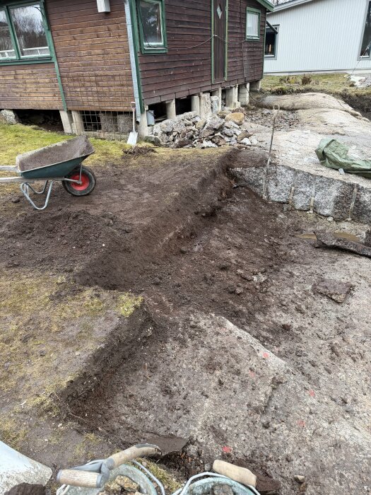 En grävd grop bredvid en byggnad med en skottkärra på sidan; arbete med att bredda gropens kanter pågår.