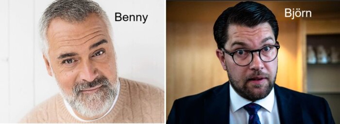 Två män i bild: till vänster en man märkt "Benny" med grått skägg och beige tröja, till höger en man märkt "Björn" i kostym och glasögon.