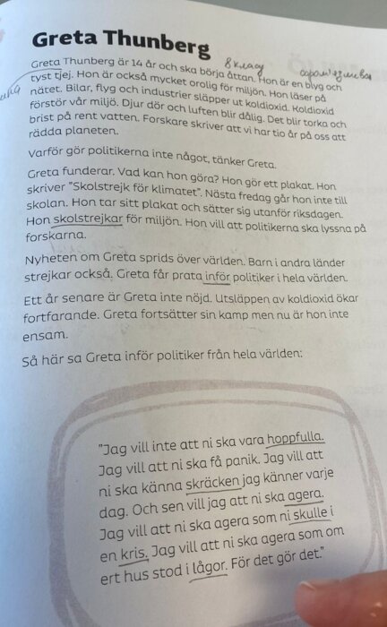 Text från ett klassrumsmaterial handlar om Greta Thunberg och hennes klimatstrejk samt hennes citat om klimatkrisen.