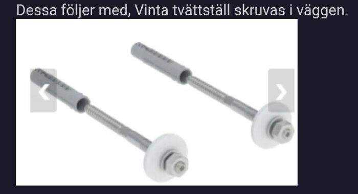 Fästdon för montering av Vinta tvättställ i vägg, inkluderar skruv och plugg.