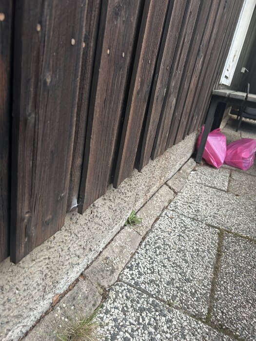 Träpanel som lossnat från väggen visar glapp; nära mark och trottoar av sten.