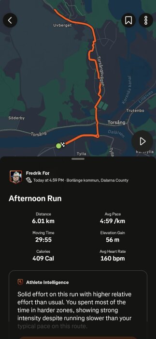 Karta över löprunda på 6,01 km i Borlänge med information om tid, hastighet, och kalorier. Röd linje visar rutten på karta.