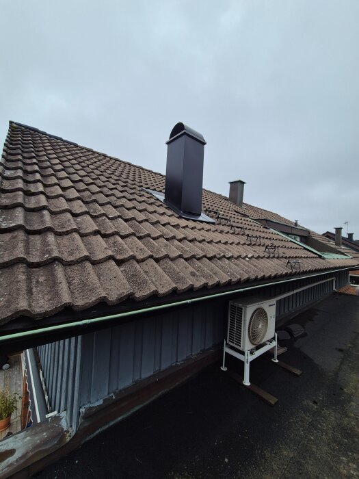 Tak med betongpannor, ventilationshuv och plåt runt fönsterkupa. Luftkonditioneringsenhet synlig på taket. Vädret är molnigt.