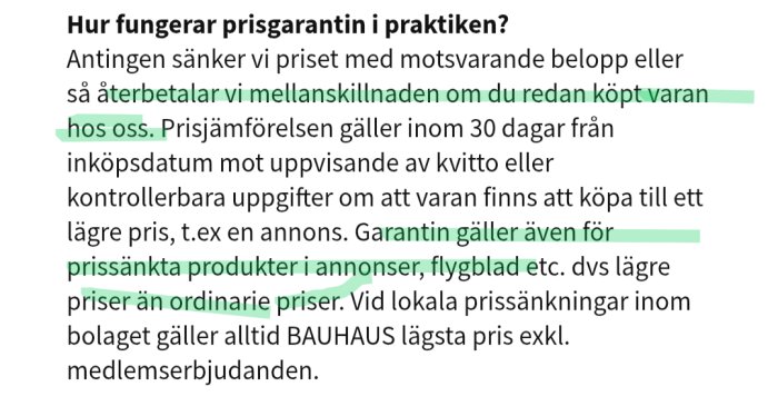 Text om prisgaranti med markerade delar som förklarar prisreduktioner och täckning för sänkta priser i annonser och flygblad.