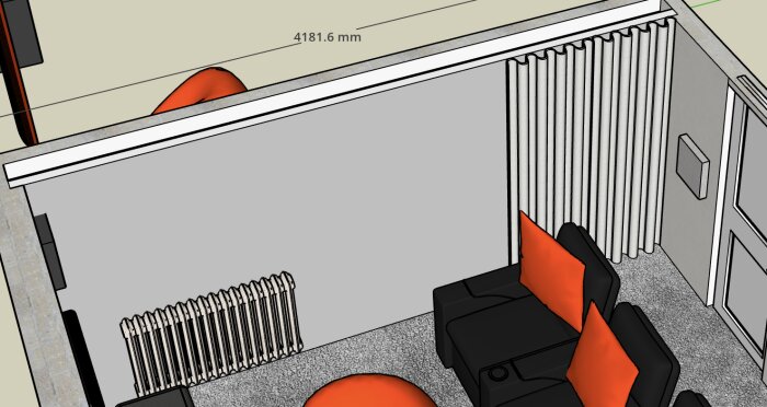 3D-ritning visar ett rum med radiator under stort fönster, grå gardin mot vägg, och svarta stolar med orange kuddar.