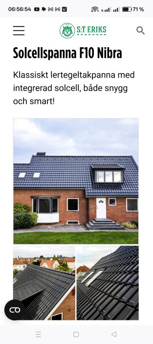 Solcellstakpanna F10 Nibra med integrerade solceller på svart tak av rött tegelhus, visar både hel byggnad och närbild av taket.