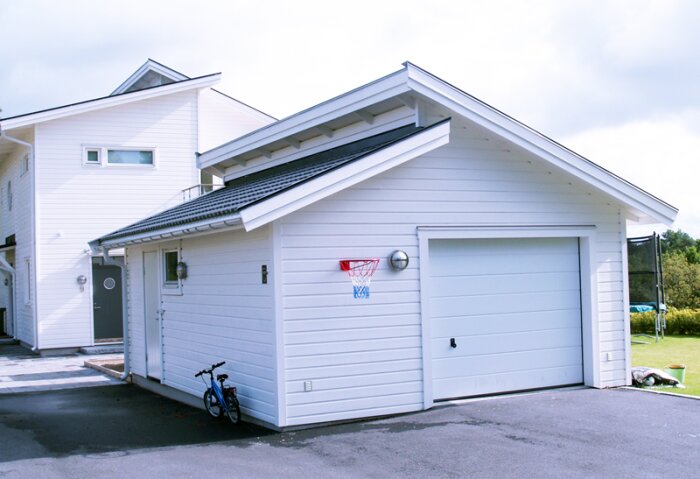 Vit fristående garagebyggnad med sadeltak och basketkorg monterad, cykel parkerad bredvid, modern design, molnig himmel i bakgrunden.