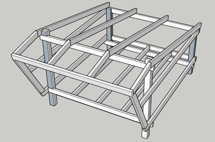 CAD-bild av vindskyddsdesign med träreglar, storlek 2x2 m, höjd 1,6 m. Strukturens reglar är 45x95 mm, visad i perspektiv.