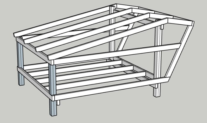 Ritning av ett vindskydd med en trästomme, dimensioner 2x2 m, höjd 1,6 m, med reglar på 45x95 mm, designad för två personer.