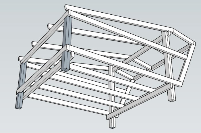 CAD-ritning av träregelstomme för ett vindskydd, med rektangulär bas och takstolar. Stommen består av 45x95 mm reglar.