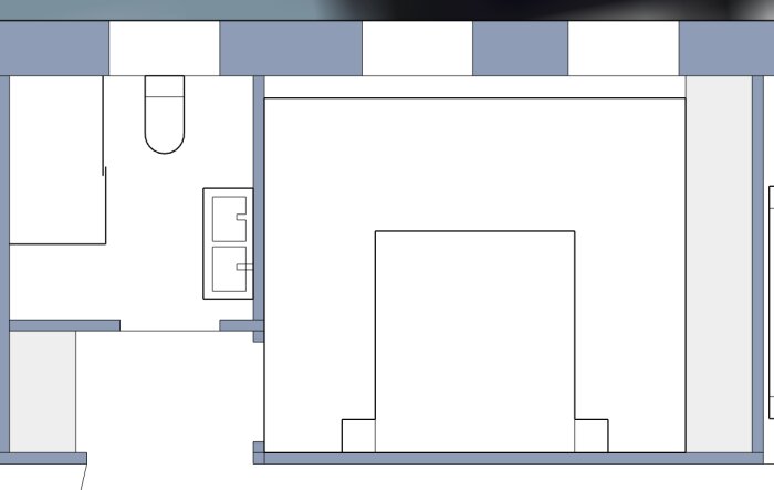 Planskiss som visar badrumsdesign med dörr från liten hall, placerad nära vuxensovrum för tillfällig avgränsning.