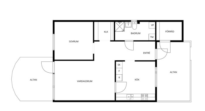 Planritning över radhus på 67 kvm med sovrum, vardagsrum, kök, badrum, klädkammare, förråd, entré och två altaner.