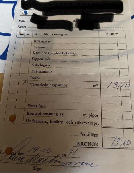 Faktura från Redvägs Sotningsdistrikt år 1971 visar kostnad på 13,10 kr för sotning av värmepanna, jämförs med dagens priser i inlägget.