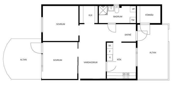 Planskiss av ett hus med sovrum, vardagsrum, kök, badrum, klädkammare, förråd och två altaner.
