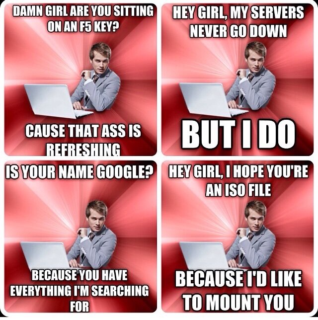 En man vid en laptop med olika textcitat i en fyrdelad meme.