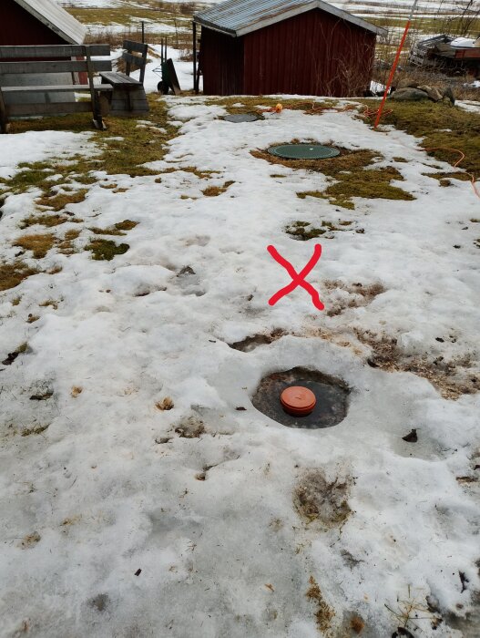 Snötäckt gårdsplan med brunnslock och röd kryssmarkering på marken framför en gräsbevuxen yta och röda uthus.