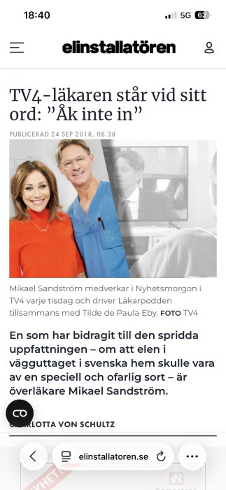 Tilde de Paula Eby och Mikael Sandström i Nyhetsmorgon, artikel om "hushållsström" och dess påverkan på svensk sjukvård.