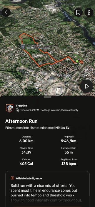 Karta över en löprunda i Borlänge med statistik, inklusive distans, tid, tempo och höjdförändring. Löpningen hade en totaldistans på 6 km.