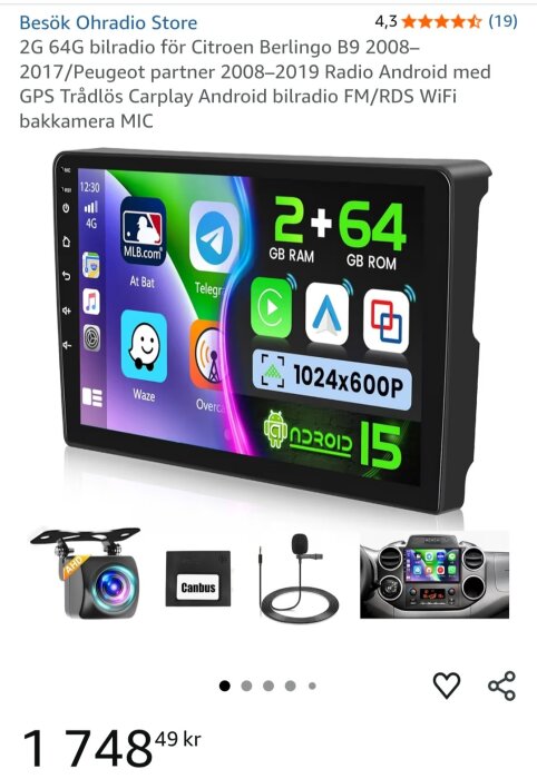 Aftermarknads stereo för bilar med Android, pekskärm, GPS, WiFi och bakkamera, produktbild med stereo och tillbehör.