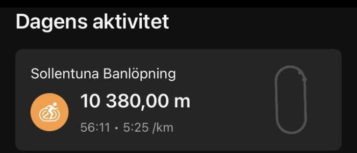 Bild av träningsaktivitet: Sollentuna Banlöpning, 10 380 m, tid 56:11, tempo 5:25 per km.