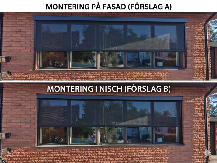 Två monteringsalternativ för zipscreen: Förslag A visar montering på fasad, Förslag B visar montering i nisch, båda på röd tegelvägg.