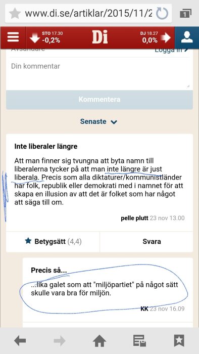 Skärmdump av en kommentarstråd på Di.se från 2015 om politiskt namnbyte och dess innebörd, med humoristisk kommentar.