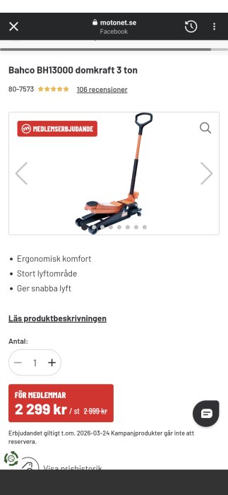 Orange och svart Bahco BH13000 domkraft 3 ton, ergonomisk design, med rabatt för medlemmar. Ordinarie pris 2,999 kr, medlemspris 2,299 kr.
