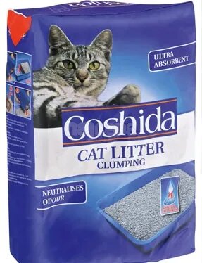 Kattströförpackning med varumärket Coshida, katten på framsidan, text om klumpbildning och absorbering.