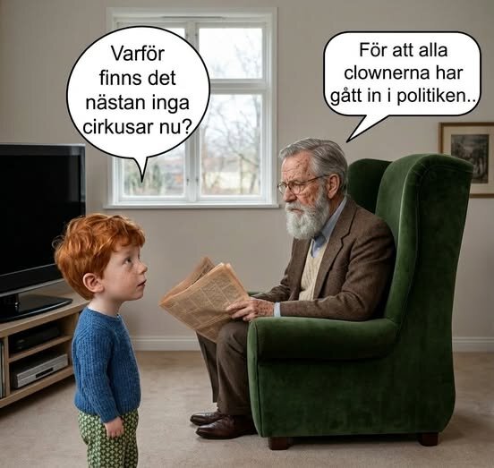 Äldre man i fåtölj med tidning pratar humoristiskt med ett barn i vardagsrum om varför det finns få cirkusar.