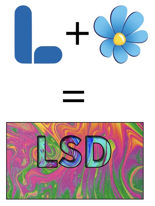 Blått L och blomma med plus-tecken ovanför färgglad bakgrund med bokstäverna LSD.
