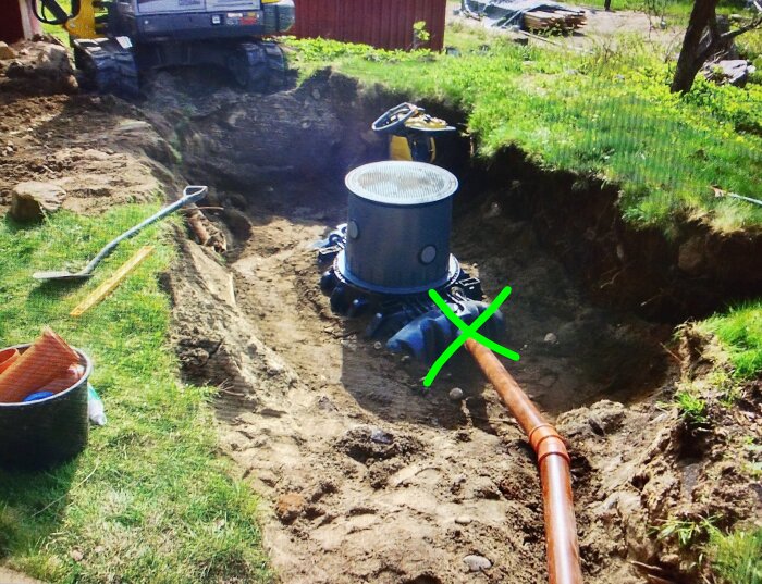 Grävning av dike för installation av avloppsledning, med synlig brunnsinstallation och en grävmaskin i bakgrunden på gräsbevuxen mark.