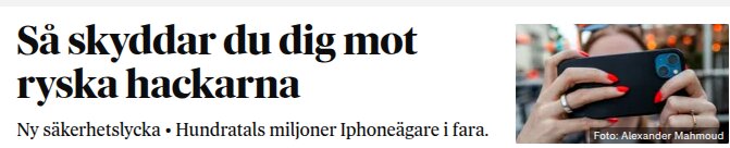 Kvinna med rött nagellack håller i en mobiltelefon. Rubrik: "Så skyddar du dig mot ryska hackarna".
