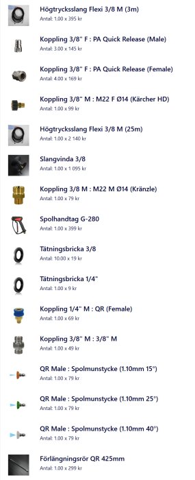 Inköpslista för högtryckstvättsystem med slangar, snabbkopplingar och spolmunstycken.
