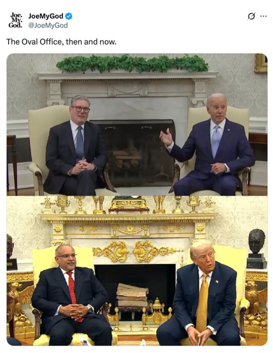 Oval Office, två bilder med olika inredning och personer.