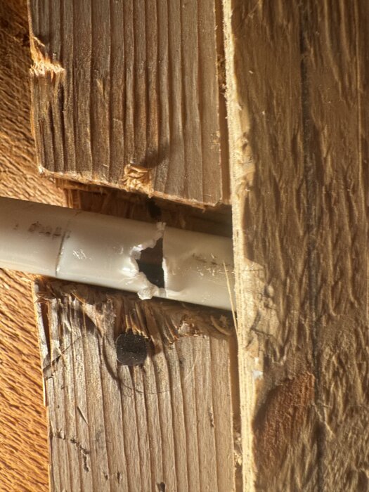 Skadat rör inuti trävägg, med ett större hål för inspektion av kablarna.