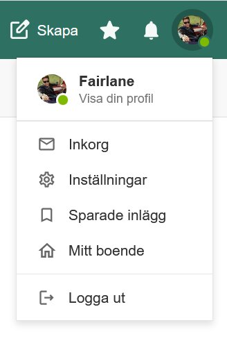 Meny i diskussionsforum med alternativ som Inkorg, Inställningar, Sparade inlägg, Mitt boende och Logga ut. Profilbild och användarnamn syns.