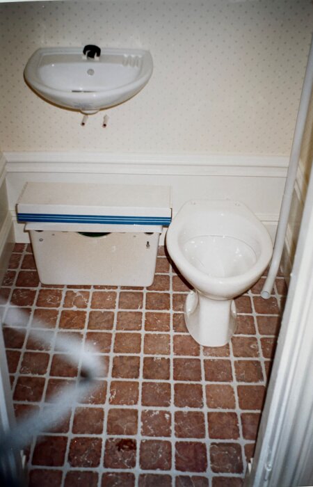 Gäst-WC med klinkergolv, toalett och handfat. Väggen har ett ljust mönster, och det finns en avloppsrör vid sidan av toaletten.
