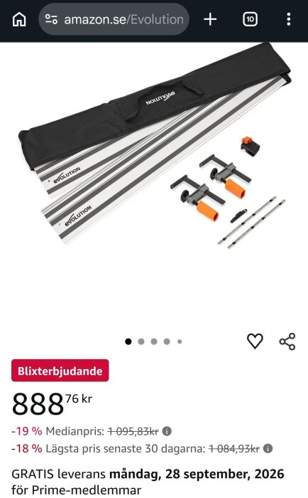 Set med Evolution styrskenor och tillbehör i väska, annonserat under blixterbjudande på Amazon för 888,76 kr.