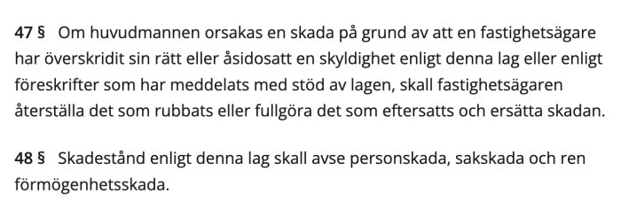 Lagtext om huvudmannens skadeståndsansvar enligt lagen om allmänna vattentjänster, paragraf 47 och 48.
