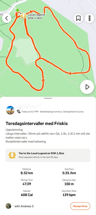 Karta över löprunda 1,5 km i Söderköping, Östergötland. Distans: 8,52 km, Höjdökning: 150 m, Kalorier: 608, Medelhastighet: 5:35/km.