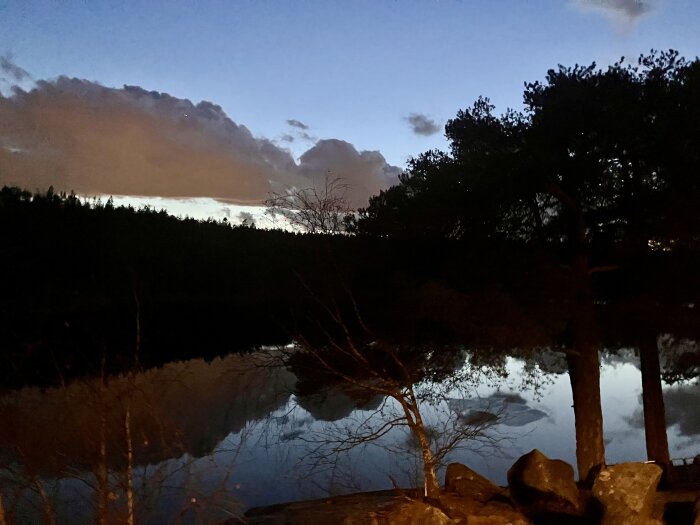 Skymning vid sjö med spegelblankt vatten, omgiven av skog och silhuetter av träd mot en molnig himmel.