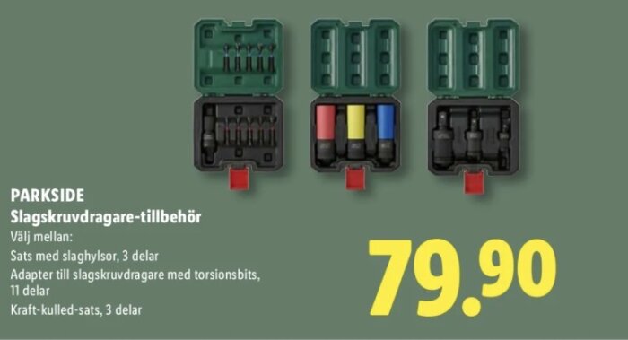 PARKSIDE slagskruvdragare-tillbehör med tre olika satser i gröna lådor på grön bakgrund, pris 79.90.