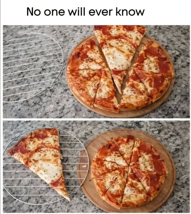 En del av en pizza saknas och ligger på ett galler. Resten av pizzan är omorganiserad för att fylla ut den tomma platsen.