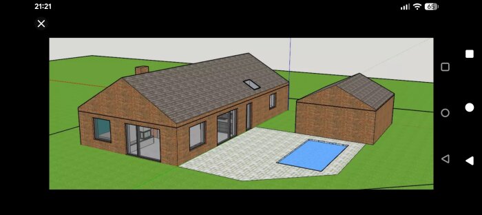 3D-skiss av ett tegelhus med garage och pool vid entré, över grön mark.