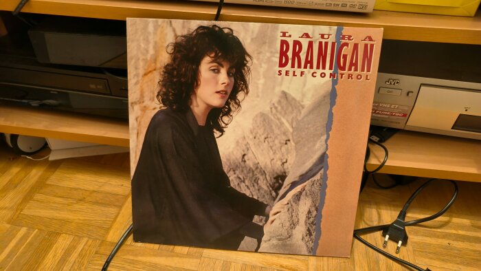 Vinylskiva med omslag av Laura Branigan, "Self Control", placerad framför hyllor med elektronikutrustning.